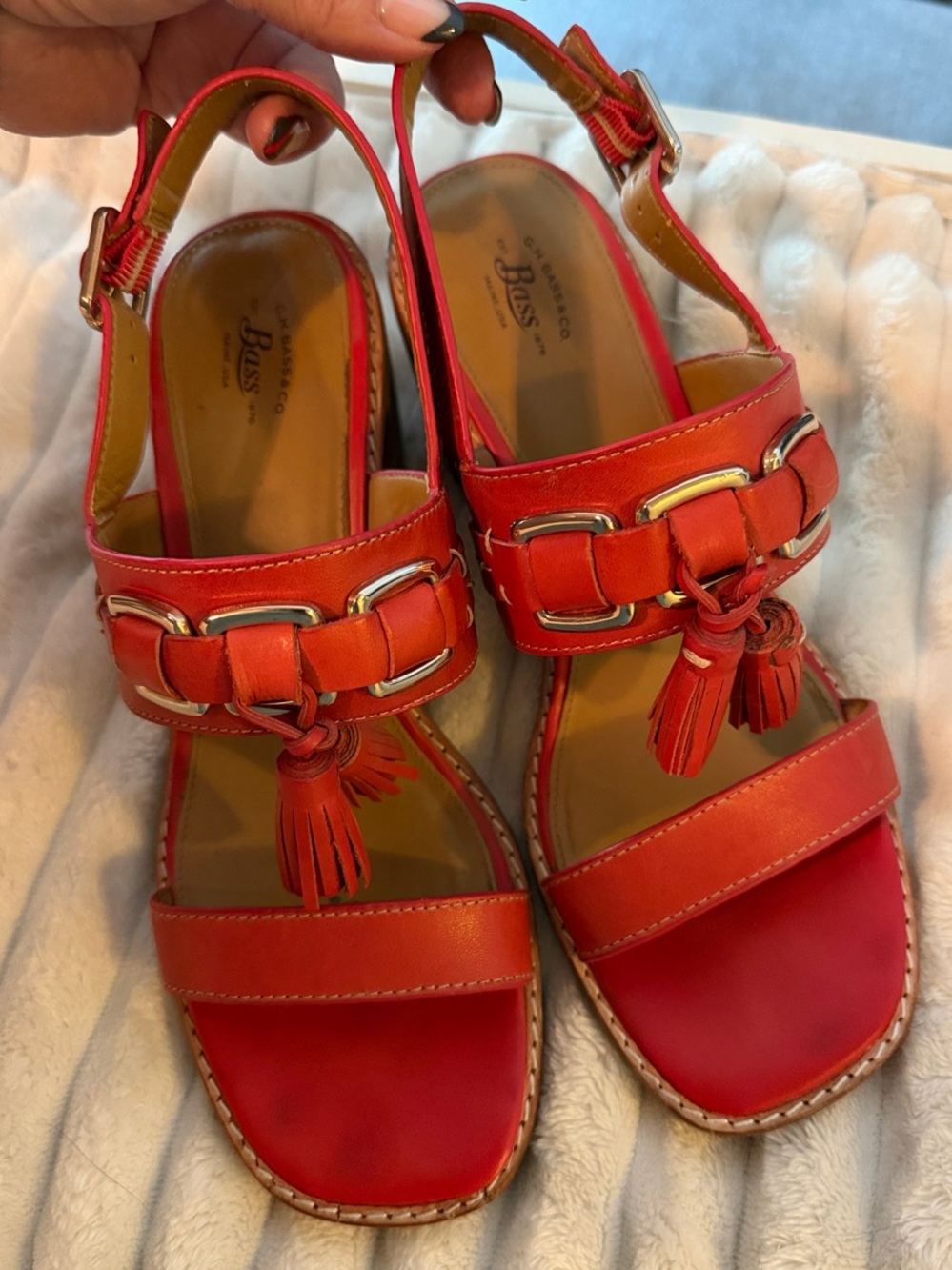 Bass Women’s Red-Orange Leather Tassel Slingback Sandals